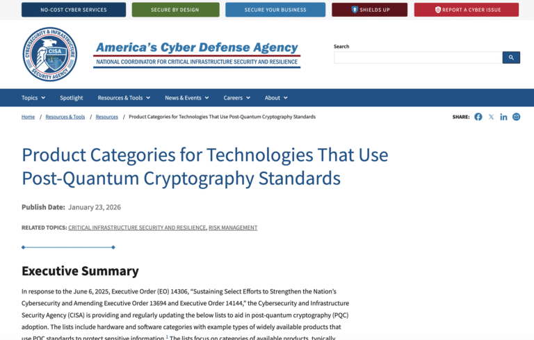 CISA Product Categories for Technologies That Use Post-Quantum Cryptography Standards