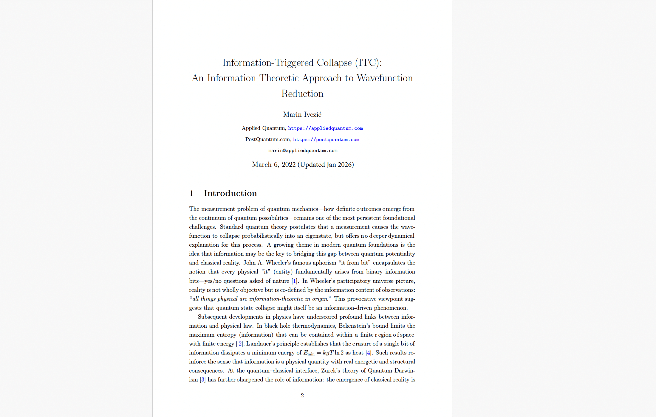Information-Triggered Collapse (ITC) - An Information-Theoretic Approach to Wavefunction Reduction