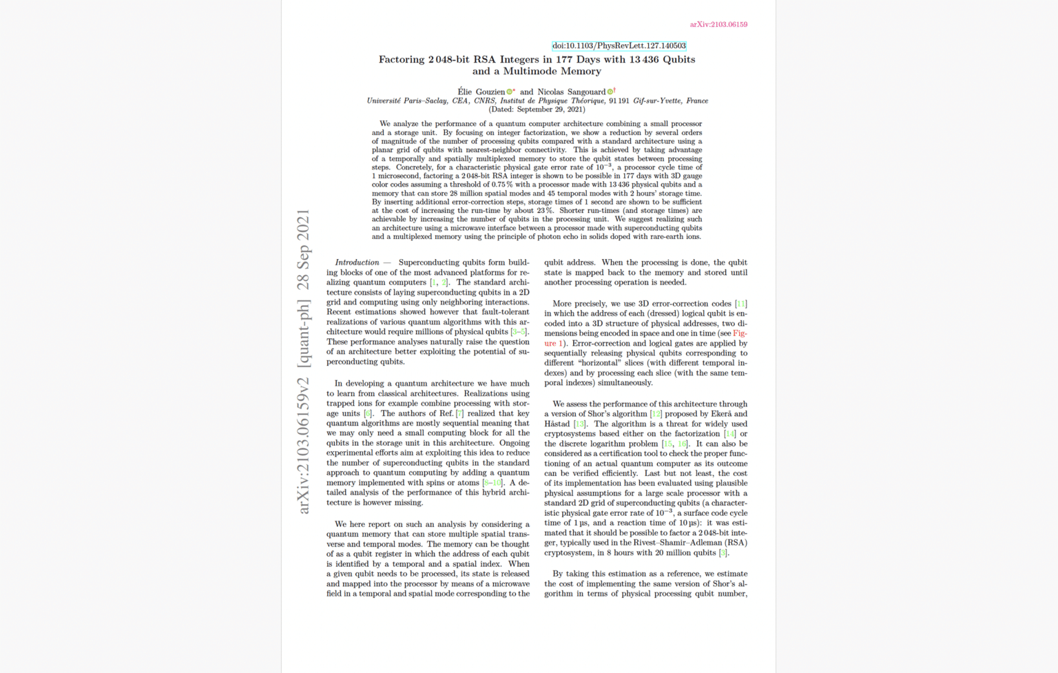 RSA-2048 Cracked in 177 Days With ~13K Processing Qubits? New Preprint ...
